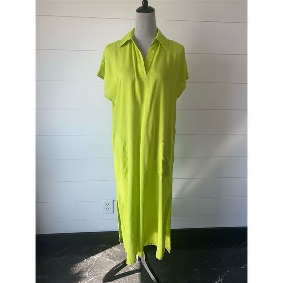 TAHARI Lime Green Linen Blend Midi Lagenlook Dress Pockets Size Medium - Picture 1 of 11